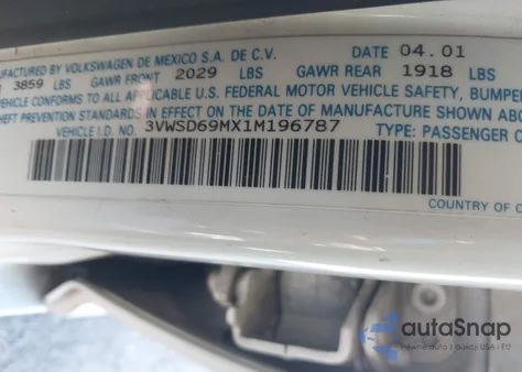 2001 Volkswagen Jetta Gls 1.8L Turbo z USA, uszkodzony, nr VIN 3VWSD69MX1M196787